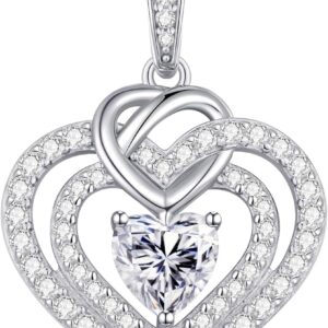 Women’s Necklace 925 Silver with Moissanite Double Heart, Purity VVS1 Colour D, Christmas Valentine’s Day Gift Jewellery for Her Girlfriend Wife Friend