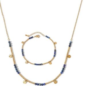 Natural Amethyst Jewelry Set for Women – Stainless Steel Solar Disc Necklace Earrings Beaded Bracelet – Gift for Sisters and Friends
