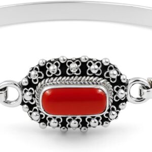 Tibetan Silver Genuine 925 Sterling Silver Bangle Bracelet for Women, Genuine Precious Stone Coral Bracelets Fashion, Handmade Jewellery, Designer Bracelets for Gifts, Sterling Silver, Coral