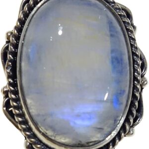 Tibetan Silver Ethnic Boho Gypsy Tribal Unique Ring for Women Men 925 Sterling Silver Unique Handmade Jewelry Fire Blue Rainbow Moonstone Ring