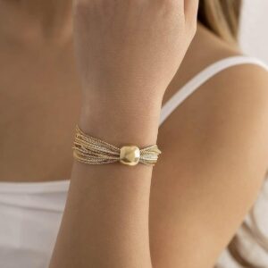 Punk Multi-Layer Overlay Necklaces Bracelets Geometric Ball Choker Necklace Thick Chains Jewelry for Women and Girls (Gold Bracelets)
