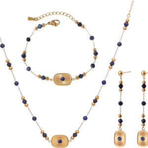 Natural Amethyst Jewelry Set for Women – Stainless Steel Solar Disc Necklace Earrings Beaded Bracelet – Gift for Sisters and Friends
