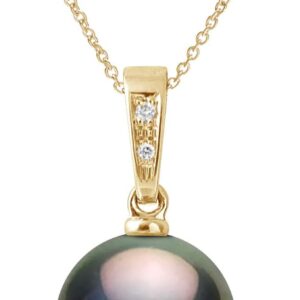 PEARLS & ColoreS – Genuine Round Tahitian Cultured Pearl with 0.010 Carat Diamond 10-11 mm – A+ Quality – Free Chain – Women’s Jewellery