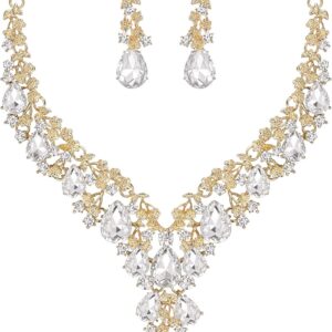 Wedding Bridal Jewellery Set Teardrop Rhinestone Cluster Statement Necklace Earrings Pendants Jewelry Set for Women