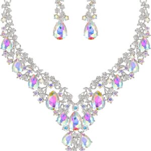 Wedding Bridal Jewellery Set Teardrop Rhinestone Cluster Statement Necklace Earrings Pendants Jewelry Set for Women