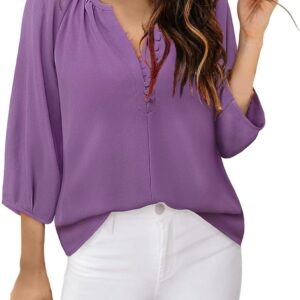 Women’s Elegant Casual V-Neck Three Quarter Sleeve Chiffon Boho Button Blouses