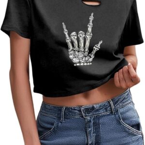 Women’s Short T-Shirt Skeleton Print Halloween Short Sleeves Round Neck Gothic Style Casual Autumn Spring