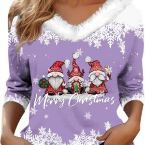 Women’s Winter Christmas Print V Neck Casual Autumn Winter Top Comfortable and Fashionable