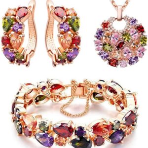 “Mona Lisa” Jewellery Set Rose Gold Plated Multi Coloured Cubic Zirconia Bracelet Pendant Necklace Earrings